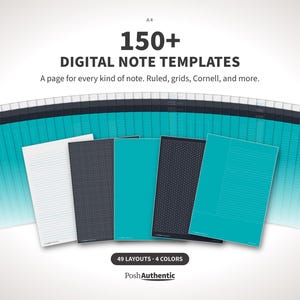 Puede incluir: Una colección de más de 150 plantillas de notas digitales en tamaño A4, con diseños rayados, cuadriculados y Cornell. Cinco hojas verticales en blanco, gris oscuro y turquesa muestran el texto 49 diseños, 4 colores y PoshAuthentic.