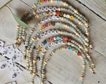 Bracciale Personalizzato con Nome, Perle Naturali Amazonite e Legno, Braccialetto Fatto a Mano, Gioiello Naturale Stile Boho, Regalo Unico