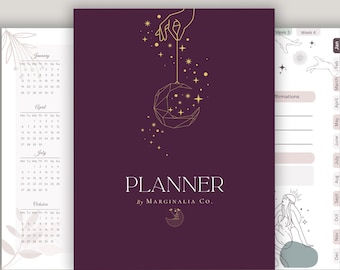 Agenda digitale con collegamenti ipertestuali, calendario, programma, diario con date floreali, note giornaliere, monitoraggio degli obiettivi mensili, budget, riflessioni e affermazioni, cose da fare.