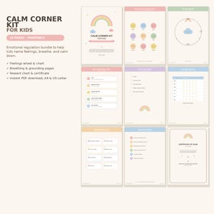 Puede incluir: Un kit imprimible de 16 páginas para un rincón de calma infantil con herramientas de regulación emocional. Las páginas incluyen una rueda de sentimientos, ejercicios de respiración, tablas de recompensas y un certificado con arcoíris pastel.