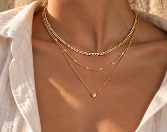 Layered Gold Necklace Set, Cuban Chain Choker & Dainty Circle Pendant, Minimal Multi-Strand Necklace for Women