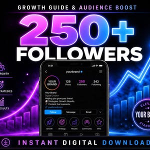 Könnte beinhalten: Eine digitale Grafik mit dem Text GROWTH GUIDE & AUDIENCE BOOST 250+ FOLLOWERS und INSTANT DIGITAL DOWNLOAD. Ein Smartphone zeigt ein Instagram-Profil für Your Brand mit 250 Followern, neben neonblauen und violetten Wachstumsdiagrammen.