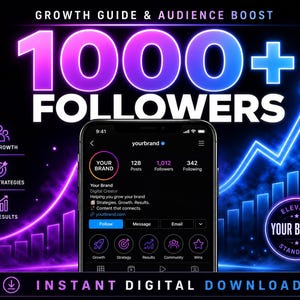 Może przedstawiać: Cyfrowa grafika z tekstem GROWTH GUIDE & AUDIENCE BOOST, 1000+ FOLLOWERS oraz INSTANT DIGITAL DOWNLOAD. Smartfon wyświetla profil na Instagramie o nazwie yourbrand, pokazujący 1012 obserwujących oraz neonowo-niebieskie wykresy wzrostu.