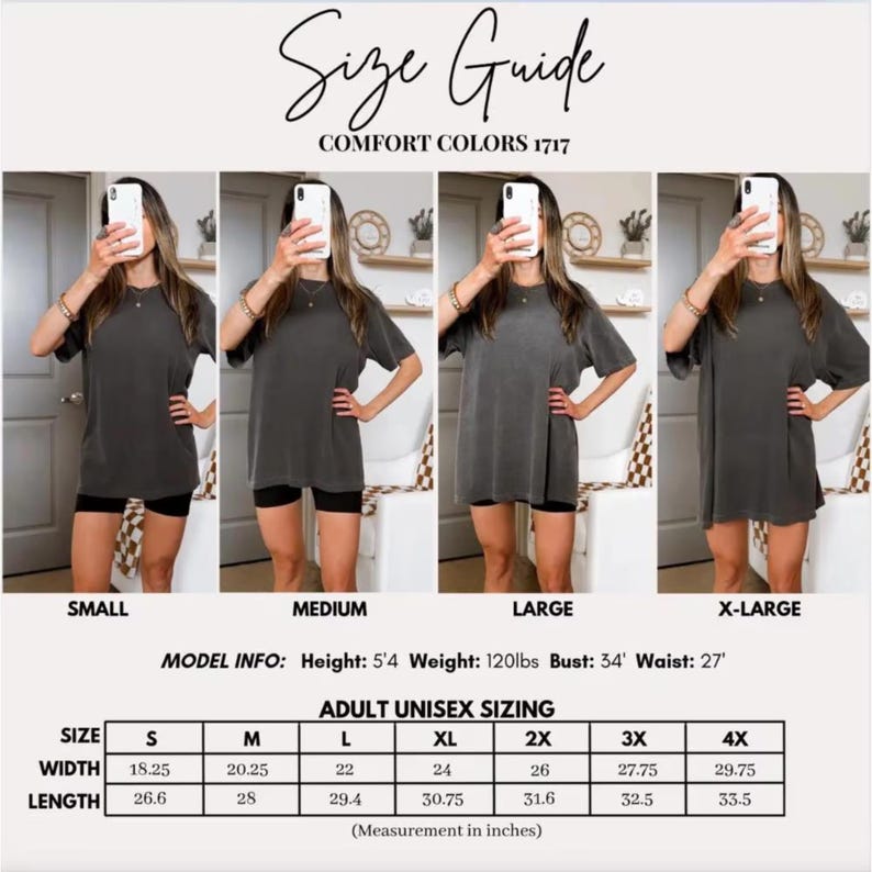 May include: A size guide for Comfort Colors 1717 t-shirts featuring four images of a charcoal gray shirt in sizes small, medium, large, and extra-large. Includes model info and a table listing adult unisex sizing widths and lengths in inches.