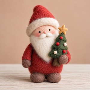 May include: A needle-felted Santa Claus figurine wearing a red suit and hat with a white trim. The figure has a white beard, rosy cheeks, and holds a small green Christmas tree decorated with red and white ornaments and a yellow star on top.