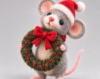 Needle Felted Christmas Mouse Figurine, Handmade Wool Felt Holiday Decor, Cute Mouse with Christmas Wreath, Winter Tiered Tray, Xmas Gift