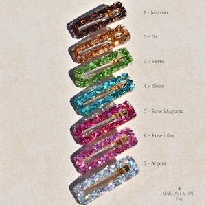 Peut inclure: Sept barrettes rectangulaires disposées verticalement, chacune avec une finition pailletée distincte en marron, or, vert, bleu, rose magenta, rose lilas et argent. Chaque barrette est numérotée avec son nom de couleur et le texte Maison Lacaze Paris.