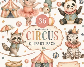 May include: A digital collection of 36 circus-themed illustrations featuring a hippo ballerina, a mouse on a ball, a panda, a raccoon on a tightrope, and a zebra. Includes two circus tents, a drum, balls, and stars on a diamond-patterned background.