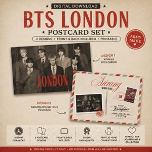 Op de afbeelding: Een digitale download ansichtkaartenset met BTS London. Ontwerp 1 toont een zwart-wit groepsportret van zeven personen in pak. Ontwerp 2 is een Arirang World Tour ansichtkaart met een foto, een postzegel en de tekst XOXO Bangtan.