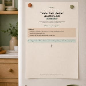 May include: A cream-colored paper sheet titled Toddler Daily Rhythm Visual Schedule, attached to a white surface with two round magnets. The text includes instructions for use, age range 18 months to 4 years, and parenting organization notes.