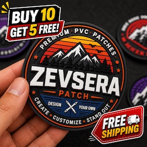 May include: A circular black PVC patch featuring a mountain landscape graphic with a sunset sky in orange and yellow. The text ZEVSERA PATCH is centred in white, with the words CREATE, CUSTOMIZE, STAND OUT, and DESIGN YOUR OWN surrounding it.