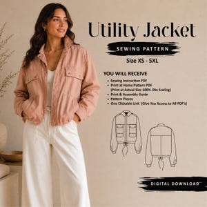 Puede incluir: Un patrón de costura digital para una chaqueta utilitaria en tallas XS-5XL. La imagen muestra una chaqueta rosa polvoriento con dos bolsillos en el pecho, mangas largas y dobladillo con cordón. El texto incluye Utility Jacket y Sewing Pattern.