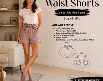 Patrón de costura en PDF para shorts con cintura tipo bolsa de papel, shorts de cintura alta con puños, shorts con cintura elástica, descarga digital, tallas XS-5XL
