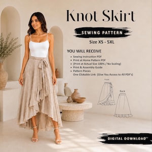 Könnte beinhalten: Ein digitales Schnittmuster für einen Knotrock, Größe XS-5XL. Das Bild zeigt einen beigen Rock mit asymmetrischem Saum und Bindegürtel, ein weißes Top sowie Text mit Details zu den enthaltenen PDF-Anleitungen und Druckvorlagen.