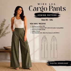 Op de afbeelding: Een digitaal naaipatroon voor een cargobroek met wijde pijpen in de maten XS-5XL. De afbeelding toont de tekst Wide Leg Cargo Pants Sewing Pattern, een lijst met inbegrepen PDF-bestanden en een technische lijntekening van voor- en achterkant.