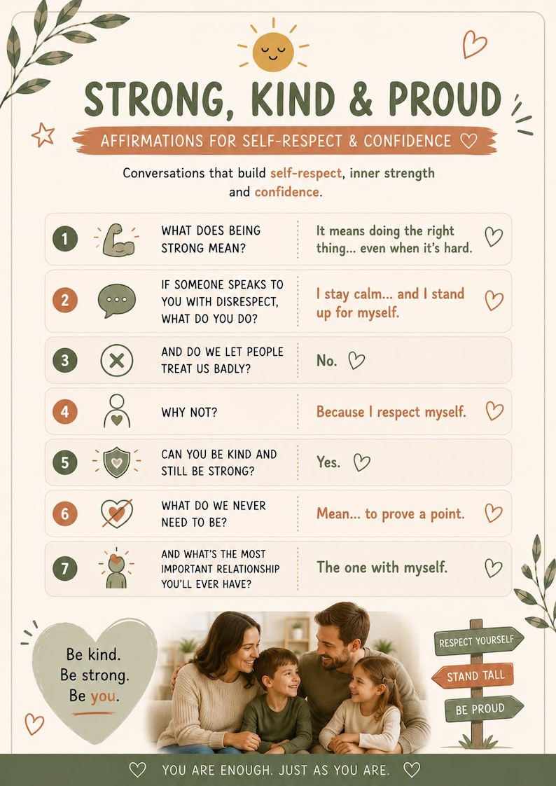 May include: A beige educational poster titled STRONG, KIND & PROUD with seven numbered affirmations for self-respect and confidence. It features a central photo of a family, decorative leaf illustrations, and the text YOU ARE ENOUGH. JUST AS YOU ARE.