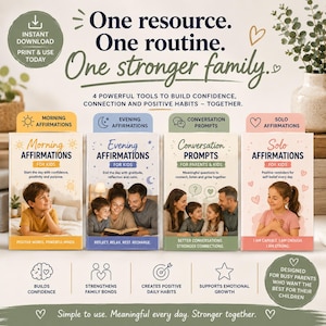 May include: A set of four digital cards titled Morning Affirmations, Evening Affirmations, Conversation Prompts, and Solo Affirmations. The cards feature text, illustrations of families, and icons for building confidence, connection, and positive habits.