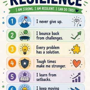 May include: A colorful educational poster titled RESILIENCE with six numbered points. Each point features a unique icon and text: 1. I never give up, 2. I bounce back from challenges, 3. Every problem has a solution, 4. Tough times make me stronger, 5. I learn from setbacks, 6. I keep moving forward. The poster includes motivational phrases like I AM STRONG and I AM RESILIENT.