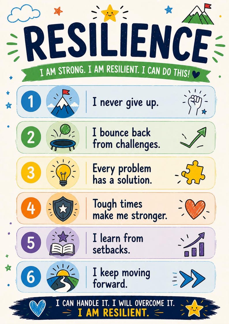 May include: A colorful educational poster titled RESILIENCE with six numbered points. Each point features a unique icon and text: 1. I never give up, 2. I bounce back from challenges, 3. Every problem has a solution, 4. Tough times make me stronger, 5. I learn from setbacks, 6. I keep moving forward. The poster includes motivational phrases like I AM STRONG and I AM RESILIENT.