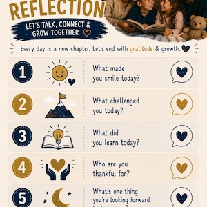 May include: A Bedtime Reflection chart featuring five numbered prompts for daily discussion. The text includes 'Let's talk, connect & grow together', 'Every day is a new chapter', and questions about smiles, challenges, learning, gratitude, and tomorrow.