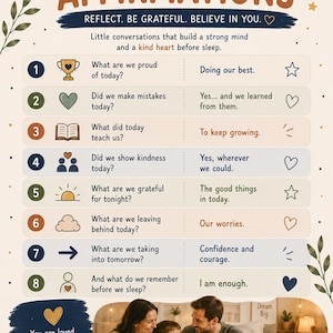 May include: A poster titled EVENING AFFIRMATIONS with a list of eight numbered questions and answers for bedtime reflection. It features illustrations of a moon, stars, and leaves, and a photograph of a family sitting on a bed with text overlays.