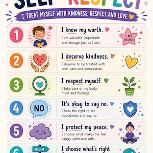 May include: A colorful educational poster titled SELF-RESPECT with the subtitle I TREAT MYSELF WITH KINDNESS, RESPECT AND LOVE. It lists six numbered points with illustrations and text affirmations about self-worth, boundaries, and personal peace.