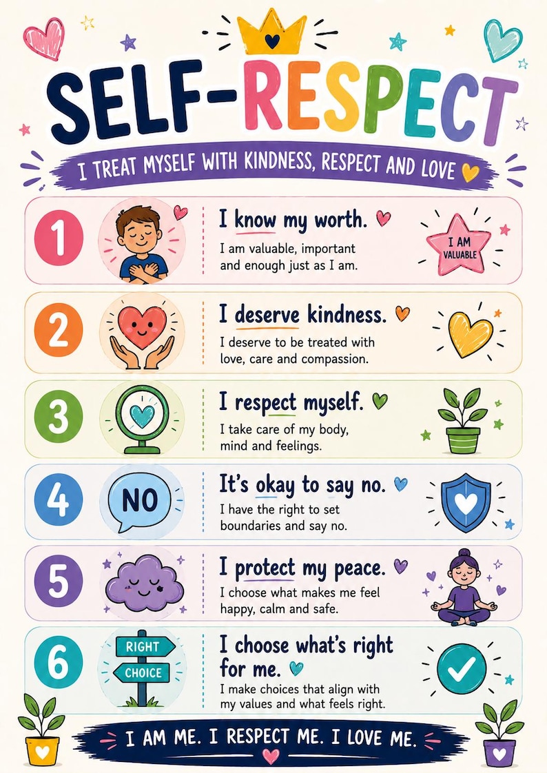 May include: A colorful educational poster titled SELF-RESPECT with the subtitle I TREAT MYSELF WITH KINDNESS, RESPECT AND LOVE. It lists six numbered points with illustrations and text affirmations about self-worth, boundaries, and personal peace.