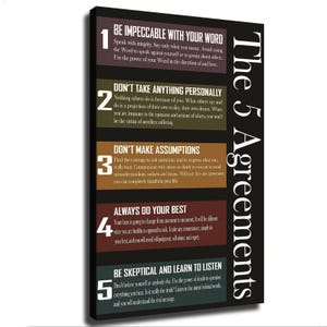 May include: A rectangular wall art canvas featuring the text The 5 Agreements in large white vertical letters on a black side panel. Five horizontal colored blocks display numbered rules: Be Impeccable With Your Word, Don't Take Anything Personally, Don't Make Assumptions, Always Do Your Best, and Be Skeptical And Learn To Listen, each with detailed explanatory text.