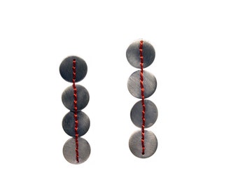 Sterling Silver Modern Earrings, Red Thread Sewn Circles