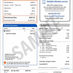 May include: A white AT&T monthly statement document featuring a Bill-At-A-Glance section with a total amount due of $187.53, a Service Summary, and a detailed breakdown of DIRECTV charges, including pay-per-view events and government taxes.