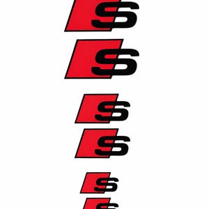 Op de afbeelding: Een set van zes stickers die verticaal in afnemende grootte zijn gerangschikt. Elke sticker bevat een zwarte letter S geplaatst over een rode parallellogramvorm. Het ontwerp is consistent over alle zes de items met een grafisch embleem.