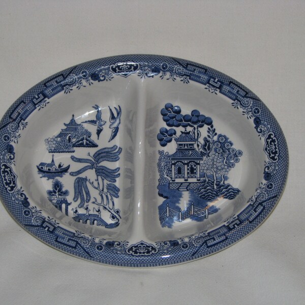 Churchill of England Blue Willow Oval Divided Vegetable Dish