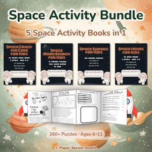 May include: A space activity bundle featuring five books including Space Crack the Code, Space Word Search, Space Sudoku, and Space Mazes for kids. The set includes a fold-out solar system information sheet with puzzles, facts, and planet diagrams.