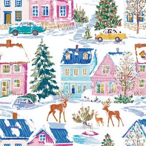 May include: A repeating pattern illustration featuring a snowy winter village scene with pink, blue, and white houses, evergreen trees, a teal car, a yellow car, and brown deer standing in the snow against a white background.