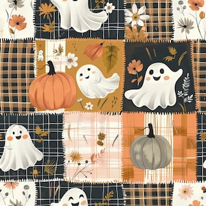 May include: A patchwork fabric pattern featuring repeating squares of black and white plaid, orange plaid, and solid blocks. The design includes illustrations of white ghosts with pink cheeks, orange and grey pumpkins, and various wildflowers.