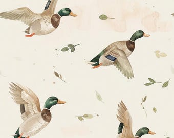 Flying Mallard Duck fabric 100%, Eco-print, Printed Cotton Fabric, wildlife bird fabric, Width 140cm /55"