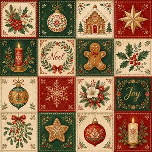 May include: A grid of sixteen square panels featuring Christmas imagery including poinsettias, ornaments, a gingerbread house, a star, candles, a wreath with the text Noel, a gingerbread person, holly, a snowflake, and a wreath with the text Joy.