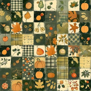 May include: A square grid pattern featuring alternating blocks of autumn-themed illustrations including orange pumpkins, various green and brown leaves, acorns, berries, and plaid or checkered textures in shades of forest green, cream, and orange.