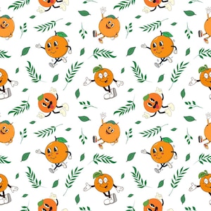 Könnte beinhalten: Ein sich wiederholendes Muster auf weißem Hintergrund mit Cartoon-Orangen, die Gesichter, Arme und Beine in verschiedenen Posen haben. Die Orangen haben grüne Blätter oben und sind mit kleinen grünen Blattzweigen und einzelnen Blättern durchsetzt.