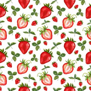 Könnte beinhalten: Ein sich wiederholendes Muster mit leuchtend roten Erdbeeren, teils ganz, teils halbiert mit hellem Fruchtfleisch, durchsetzt mit grünen dreiteiligen Blättern auf einem weißen Hintergrund. Der Illustrationsstil ist detailliert.