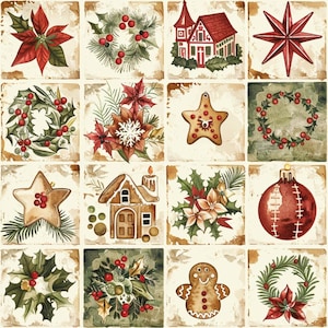 Op de afbeelding: Een raster van zestien vierkante tegels met kerstillustraties, waaronder rode kerststerren, groene hulstkransen met rode bessen, een rood-wit huis, een rode ster, een peperkoekster, een peperkoekhuisje en een peperkoekmannetje.