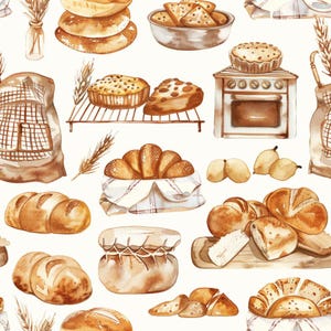 May include: A seamless pattern featuring watercolor illustrations of various baked goods including loaves of bread, pastries, pies, and wheat stalks. The design includes a small oven, flour sacks, and cooling racks in shades of brown and tan.