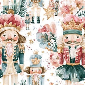 May include: A repeating pattern featuring watercolour illustrations of nutcrackers in various uniforms, including red, green, and blue jackets, paired with soft pink floral arrangements, gold stars, and evergreen sprigs on a white background.