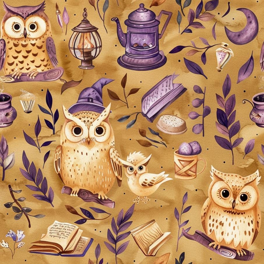 Magic Owl Fabric Vintage Witch Fabric Old Book Potion Purple Foliage Fabric Animal Fabric Rustic Sew