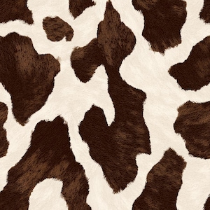 Puede incluir: Un patrón repetitivo sin costuras que presenta un estampado de piel de vaca con parches irregulares de pelaje marrón oscuro sobre un fondo de color crema, creando una apariencia texturizada que imita la piel de un animal.