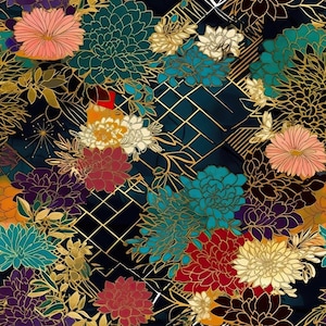 May include: A textile pattern featuring a dark navy background with a gold geometric grid overlay. The design includes clusters of chrysanthemums in shades of coral, teal, deep red, purple, and cream, all outlined with thin gold metallic lines.