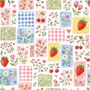 Puede incluir: Un patrón repetitivo con bloques rectangulares de ilustraciones en acuarela que incluyen fresas rojas, cerezas, flores rosas y azules, margaritas blancas y cuadros vichy rosas y azules sobre un fondo blanco.