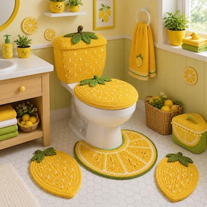 Pode incluir: Um conjunto de banheiro em crochê amarelo com desenhos de limão. O conjunto inclui uma capa para o tanque e tampa do vaso sanitário com folhas verdes, um tapete de fatia de limão, dois tapetes em formato de limão e uma toalha amarela.