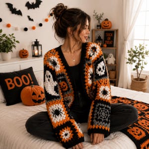 Mönster för virkad kofta med läskig Halloween | Mormors fyrkantiga spökskalle, pumpa och boho-tröja PDF