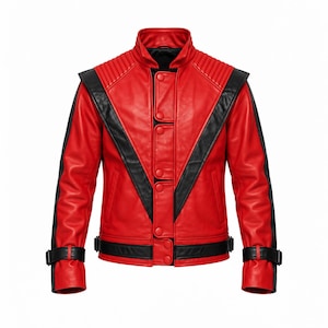 May include: A vibrant red leather jacket featuring bold black V-shaped panels across the chest and shoulders. The jacket includes a high collar, ribbed shoulder detailing, a front button closure, and black buckled straps at the cuffs and waist.